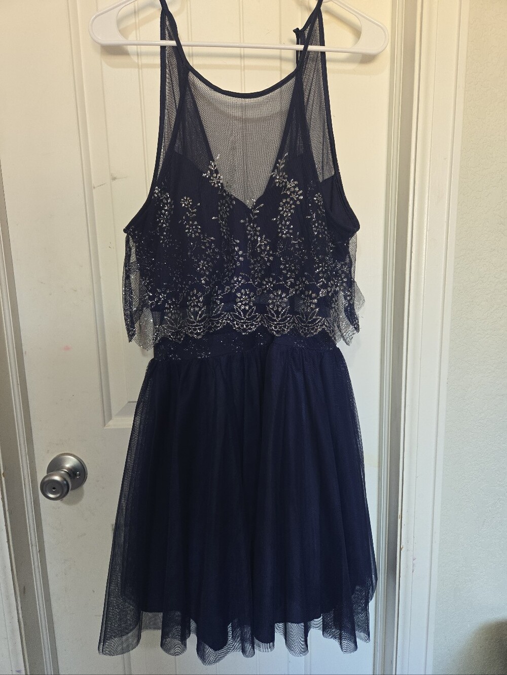 Social Code Navy Blue Glitter Mesh Overlay Fit & Flare Dress Size 13